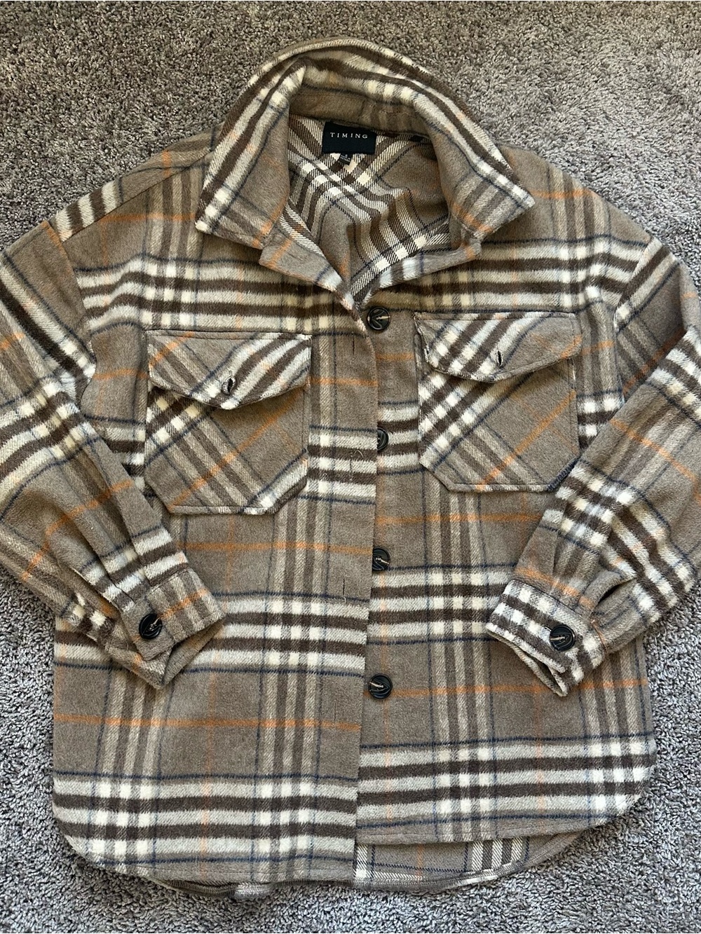 Timing Brown Plaid Utility Shacket with Cream & Orange Accents